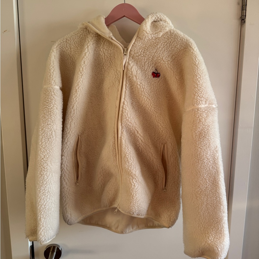 KIRSH Cherry Embroidered Sherpa Fleece Zip-Up Hoodie